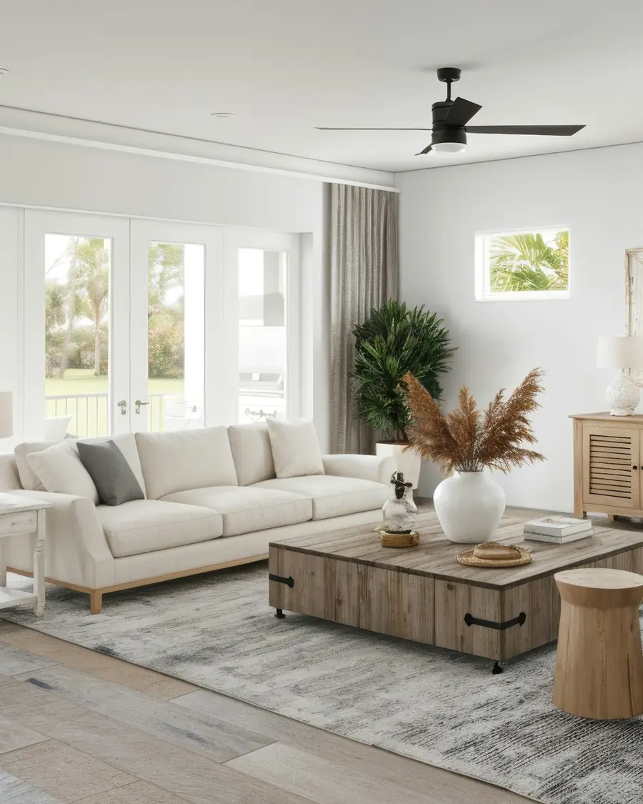 Living room in soft neutral tones with natural textures